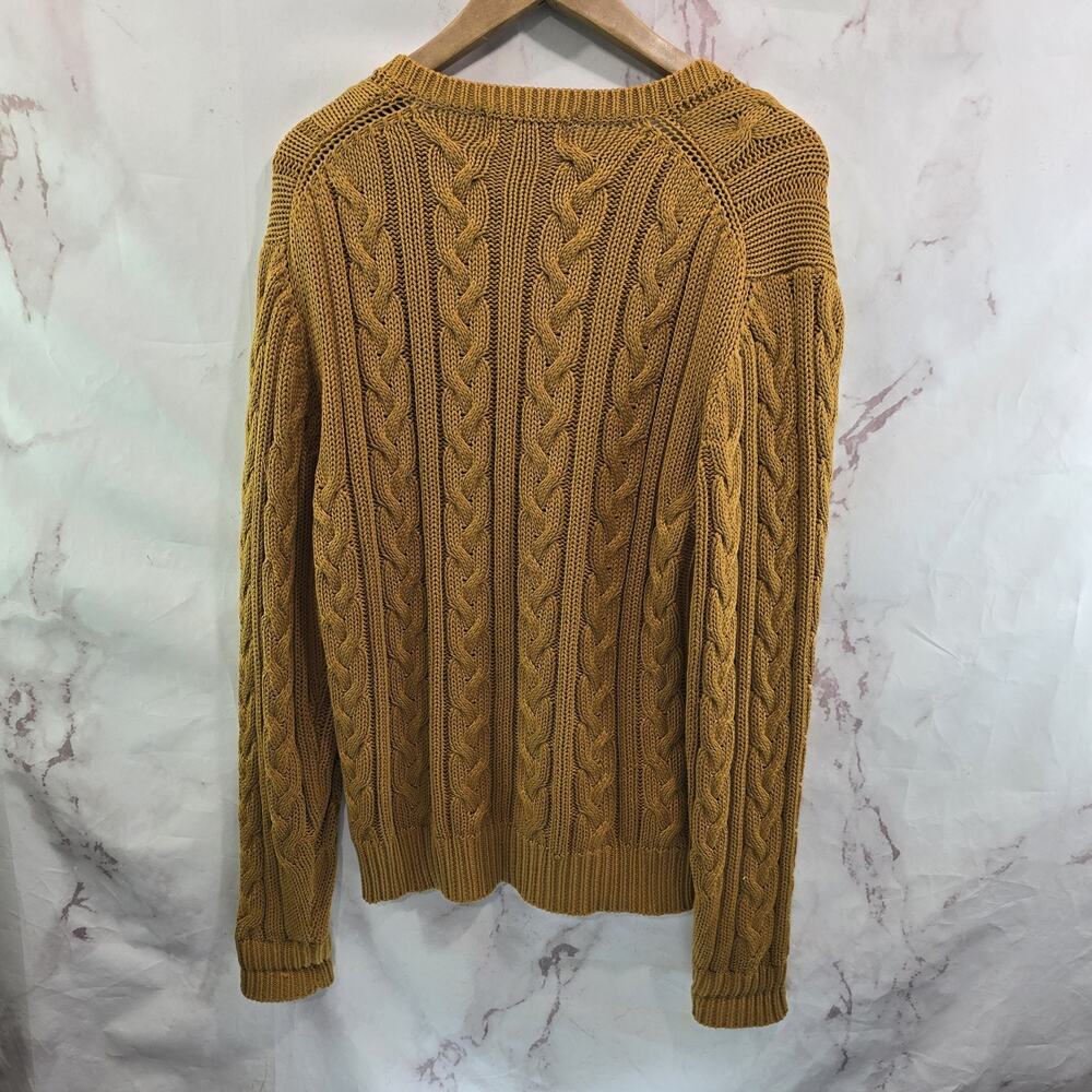 Vintage Eddie Bauer Sweater Womens XL Mustard V Neck 90s Cable Knit Fisherman - Picture 5 of 10